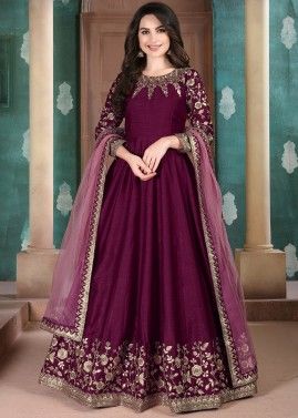 Purple Embroidered Anarkali Suit With Dupatta