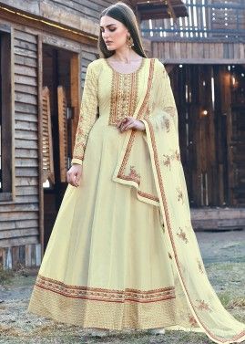 Yellow Art Silk Embroidered Anarkali Suit With Dupatta