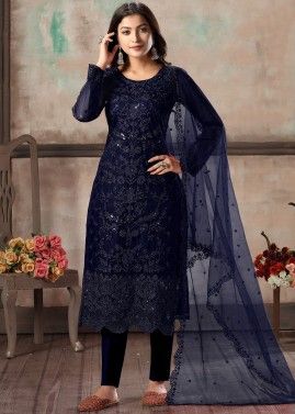 Navy Blue Net Embroidered Straight Cut Pant Salwar Suit