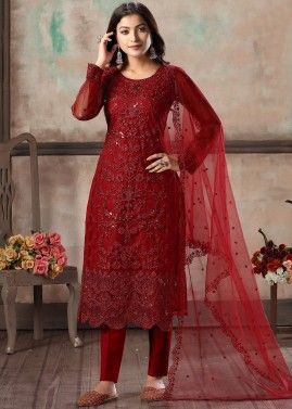 Red Straight Cut Embroidered Pant Salwar Suit