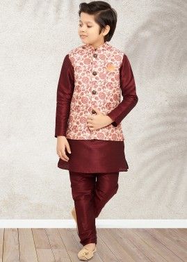 Maroon Kids Kurta Pajama With Floral Print Jacket