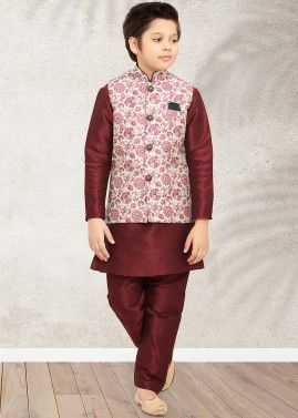 Maroon Art Silk Kurta Pajama With Jacket For Kids