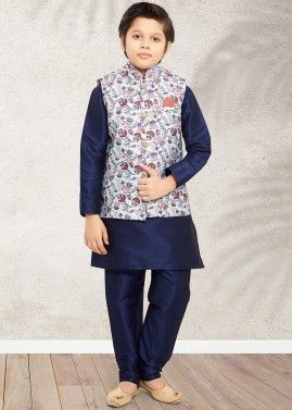 Blue Kids Kurta Pajama With Printed Nehru Jacket