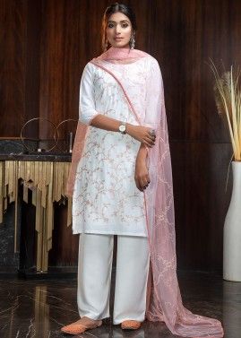 White Straight Cut Embroidered Palazzo Suit