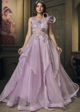 Mauve Purple Readymade Embroidered Ruffle Gown