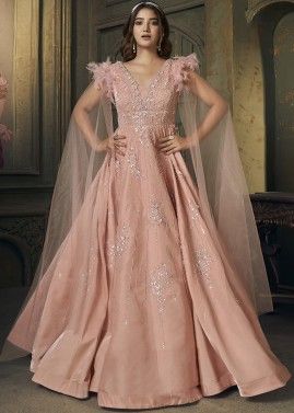 Peach Embroidered Readymade Gown In Organza