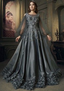 Black Organza Readymade Gown In Sequins Embellishment