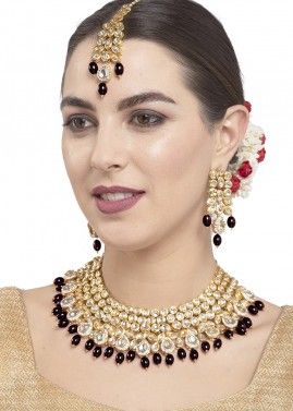 Kundan Studded And Pearls Black Necklace With Earrings