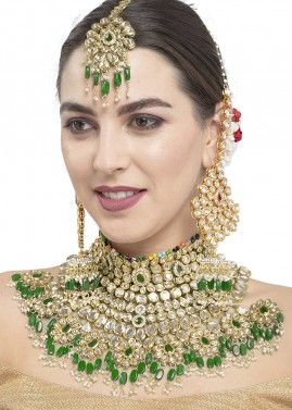 Pearls And Kundan Studded Green Bridal Choker Necklace Set