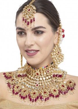 Pearls And Kundan Studded Bridal Magenta Choker Necklace Set
