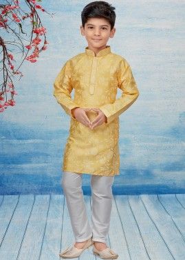 Yellow Floral Print Kids Readymade Kurta Pajama Set