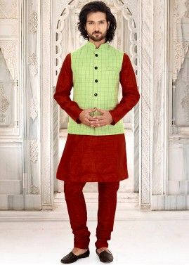 Readymade Rayon Checkered Nehru Jacket In Green