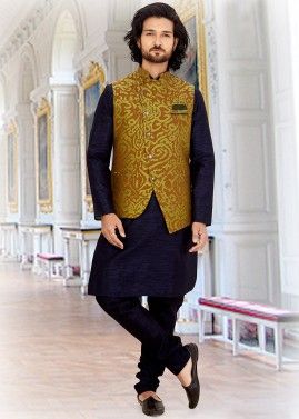 Art Silk Jacquard Nehru Jacket In Brown