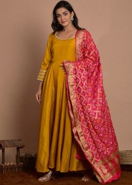 Readymade Yellow Anarkali Suit With Bandhej Dupatta