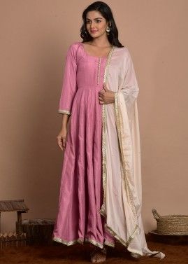 Pink Readymade Tussar Silk Anarkali Suit