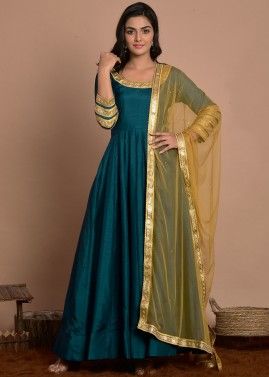 Teal Green Readymade Anarkali Suit With Dupatta