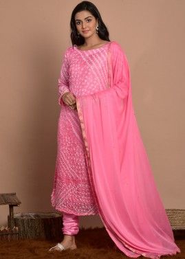 Readymade Pink Bandhej Printed Art Silk Salwar Suit