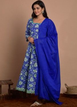 Blue Floral Block Printed Readymade Anarkali Pant Suit