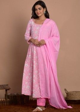 Readymade Pink Floral Block Printed Anarkali Pant Suit
