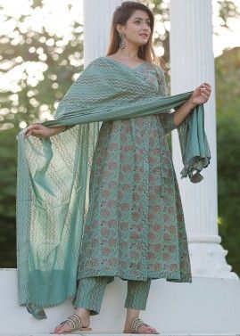 Readymade Green Block Printed Angrakha Pant Salwar Suit