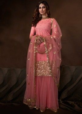 Pink Net Sequins Embellished Gharara Suit With Dupatta