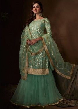 Green Sequins Embellished Net Paksitani Gharara Suit
