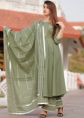 Readymade Green Floral Block Print Palazzo Suit