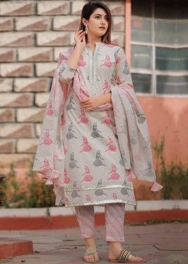 Off White Block Printed Readymade Pant Salwar Suit