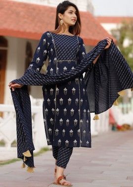 Navy Blue Readymade Block Printed Pant Salwar Suit