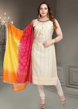Cream Readymade Stone Embellished Salwar Suit