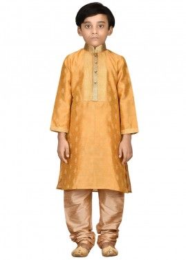 Orange Printed Readymade Kids Silk Kurta Pajama