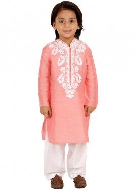 Pink Readymade Embroidered Kurta Pajama For Kids