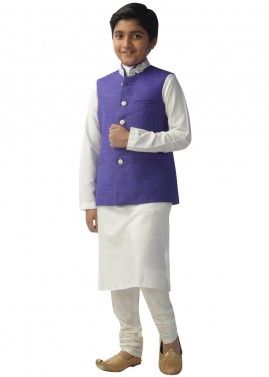 Readymade Kids Off White Kurta Pajama With Nehru Jacket