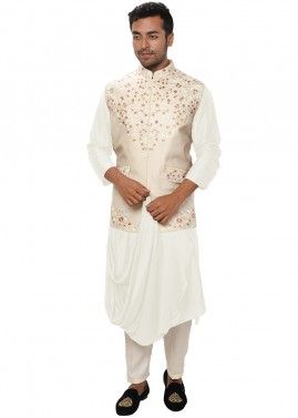 White Cowl Kurta Pant With Embroidered Jacket