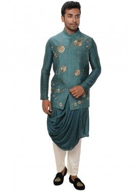 Green Cowl Kurta Pant Set With Embroidered Jacket