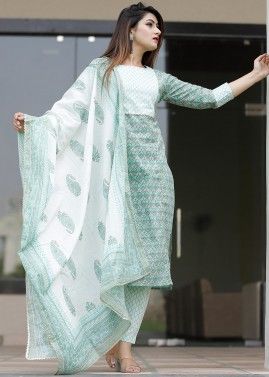 Green Floral Block Printed Readymade Pant Salwar Suit