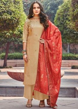 Beige Embroidered Palazzo Suit With Printed Dupatta