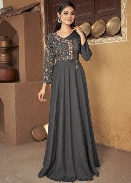Grey Embroidered Cotton Gown