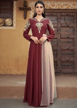 Readymade Maroon Zari Embroidered Gown