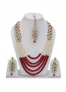 Stone Studded White and Maroon Multichain Necklace Set