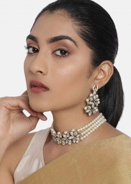 Stone Studded White Pearl Multichain Choker Necklace Set