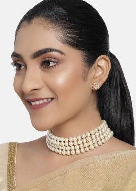 Pearl Beaded White Choker Necklace With Earrings