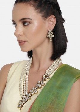 Stone Studded White Pearl Multichain Designer Necklace Set