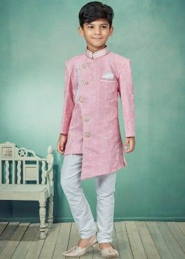 Pink Readyamde Asymmetric Woven Kids Sherwani Set