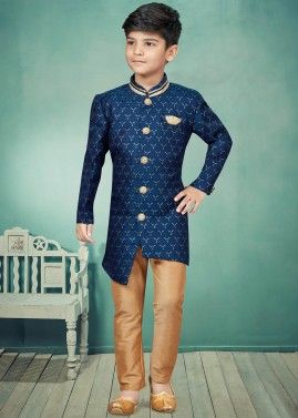 Blue Readymade Asymmetric Boy Sherwani Set