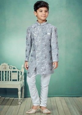 Grey Readymade Woven Asymmetric Kids Sherwani Set
