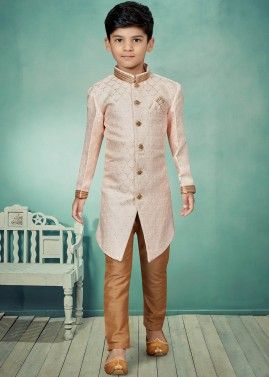 Pink Readymade Kids Indo Western In Woven Work