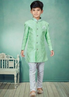 Green Readymade Kids Sherwani Set In Jacquard