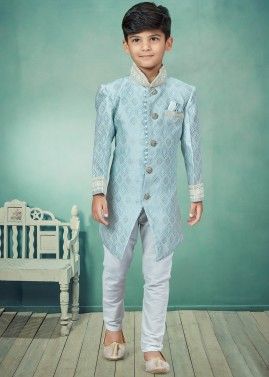 Blue Readymade Kids Indo Western In Jacquard