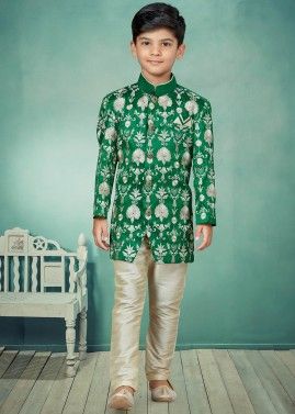 Green Embroidered Readymade Kids Indo Western